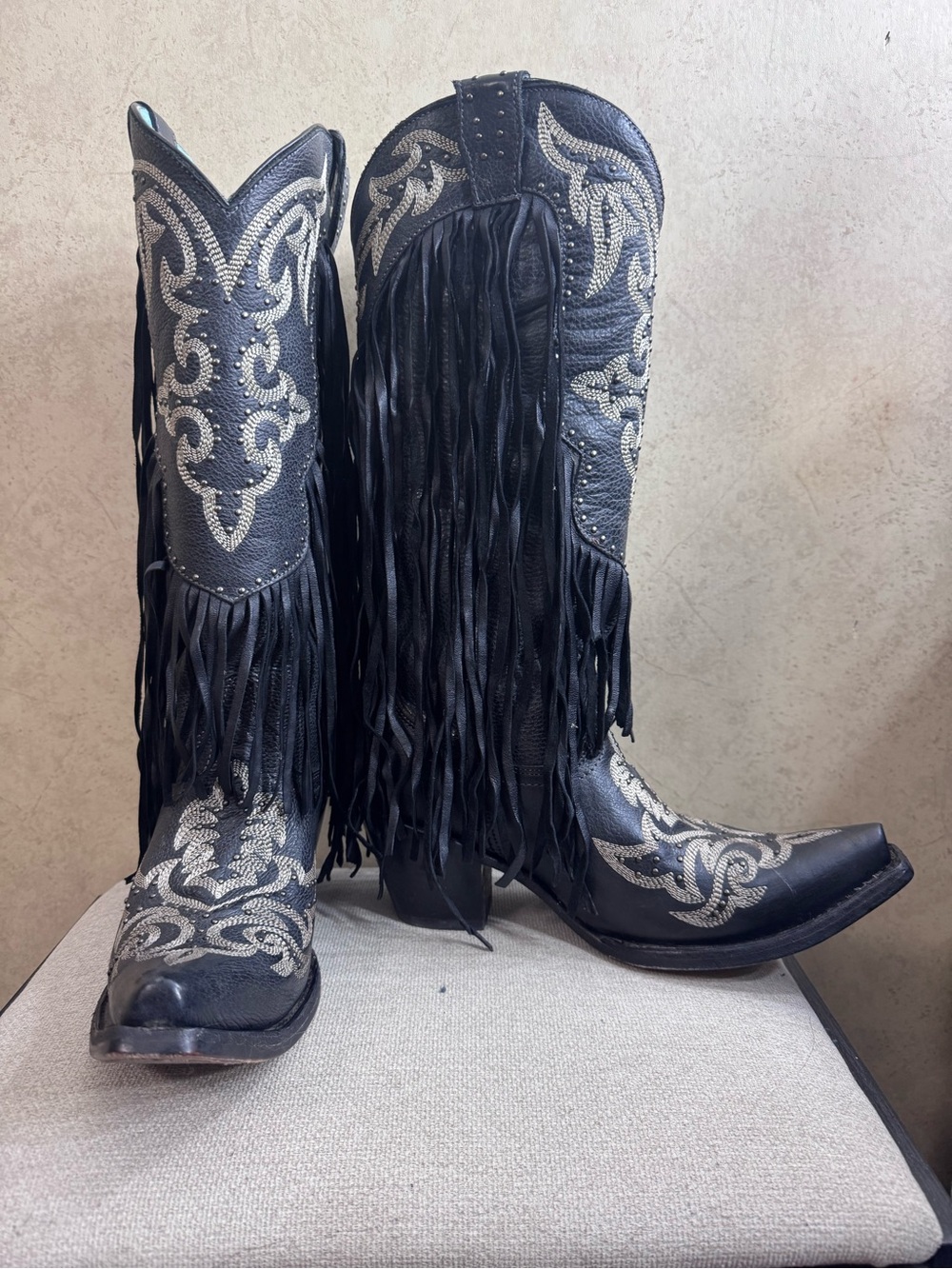 Corral Black Fringe Western Boots with Silver Embroidery
